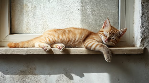 A kitten sleeping on a window sill photo