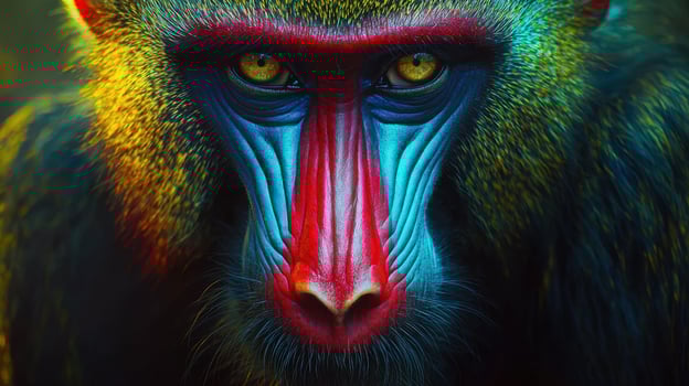 A colorful monkey with a red face and blue eyes photo