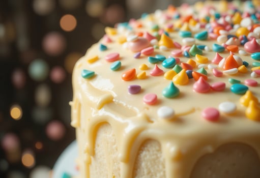 Colorful cake with sprinkles displayed at a festive celebration setting photo