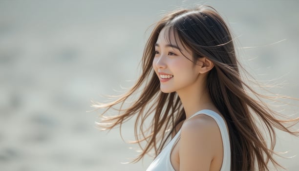 Radiant Asian Female with Flowing Black Hair photo