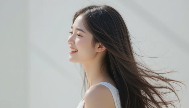 Smiling Asian Woman with Flowing Hair for Beauty Ad photo
