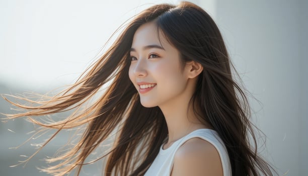 Beautiful Asian Model with Long Black Hair Smiling photo
