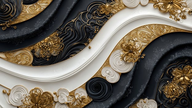 Black and gold floral wallpaper with gold and black swirls photo