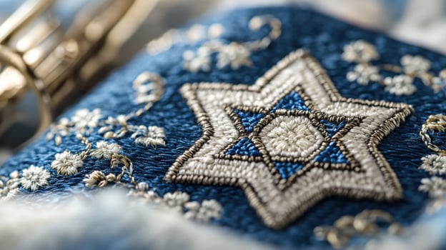 A blue and white embroidered star of david photo