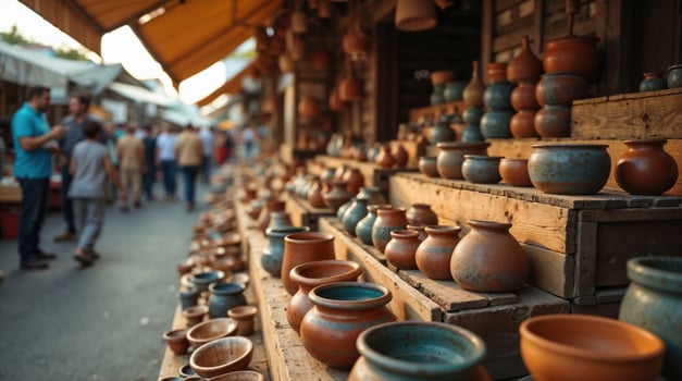 Rows of unique ceramic pots at a vibrant outdoor market photo