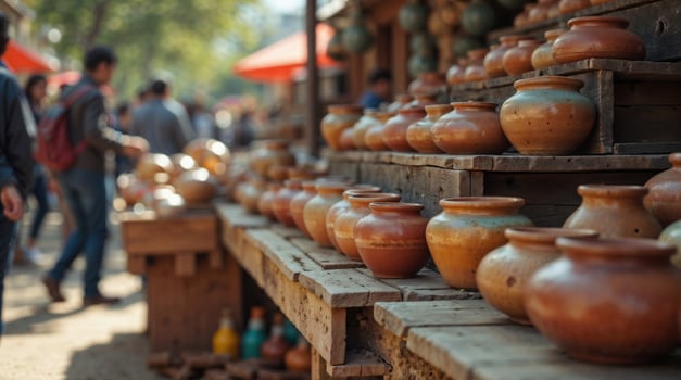 Handmade clay pottery on display at a bustling street market photo