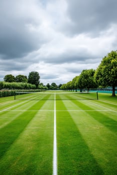 Empty Wimbledon-style tennis court awaiting a match under cloudy sky photo