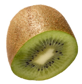 Half of ripe kiwi in brown peel on isolated background. photo