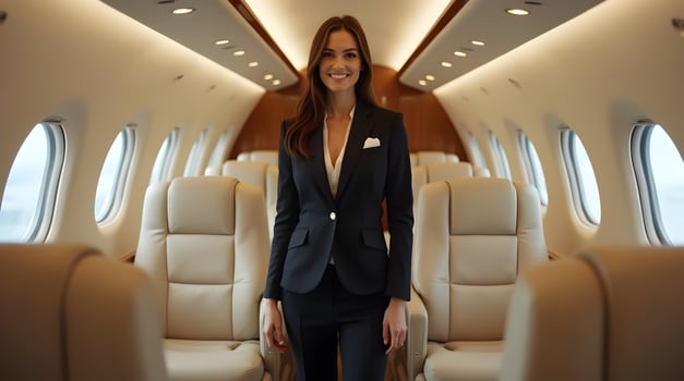 A woman in a business suit standing in the middle of an airplane photo