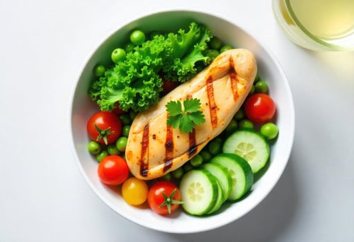 a plate with chicken, vegetables and a glass of wine photo