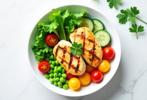 grilled chicken breast with vegetables and salad photo