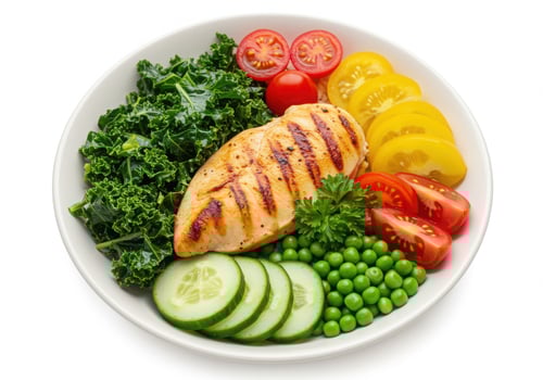 grilled chicken breast with vegetables and cucumbers in a bowl photo