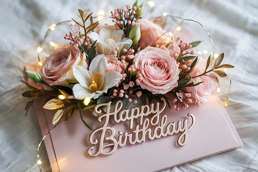 Elegant floral birthday card with soft pink roses and luminous fairy lights photo