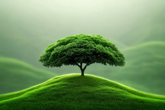 a solitary tree stands majestically atop a grassy hill, symbolizing resilience and solitude. Its vibrant green leaves contrast against a clear blue sky, evoking feelings of peace and tranquility. photo