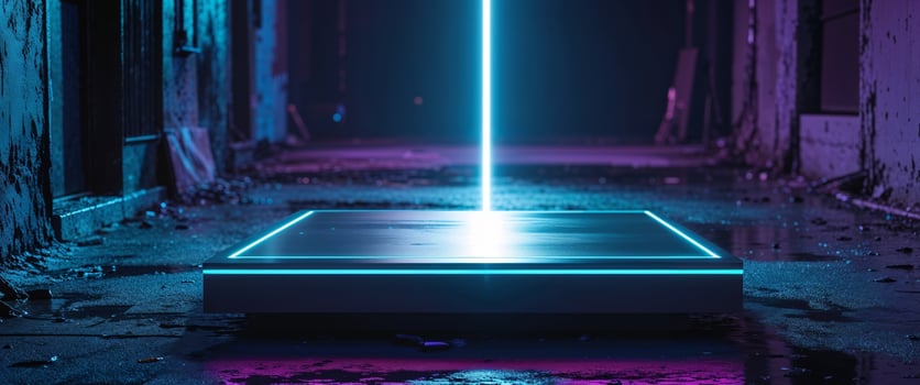 A neon light shining through a dark alley photo
