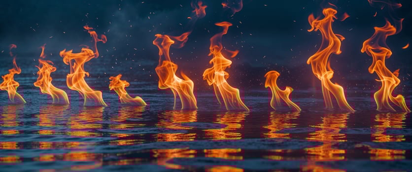 A row of fire flames on the water photo