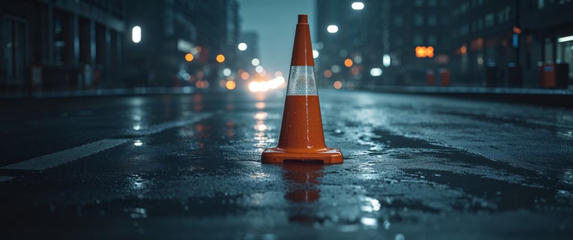 A lone traffic cone on a wet street at night photo