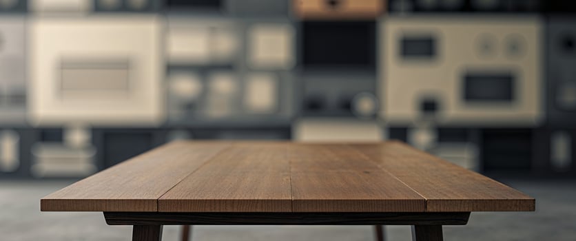 Empty wooden table in front of a blurred media wall. photo