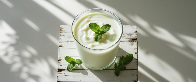 Refreshing Yogurt Drink with Mint Garnish on a Table photo