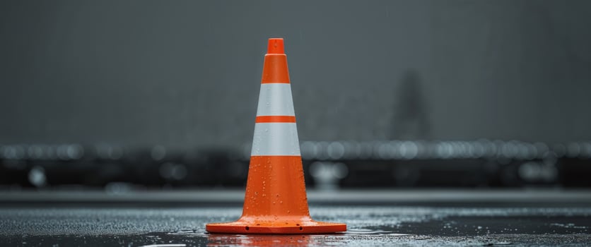 A traffic cone sitting on the ground in the rain photo