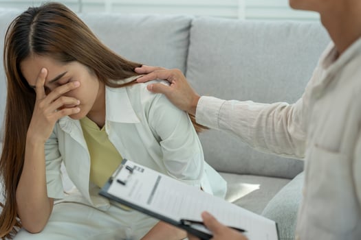 mental health problems is consulting, psychiatrist is recording the patient's condition for treatment. encouragement, love and family problem, bipolar , depression patient, protect suicide photo