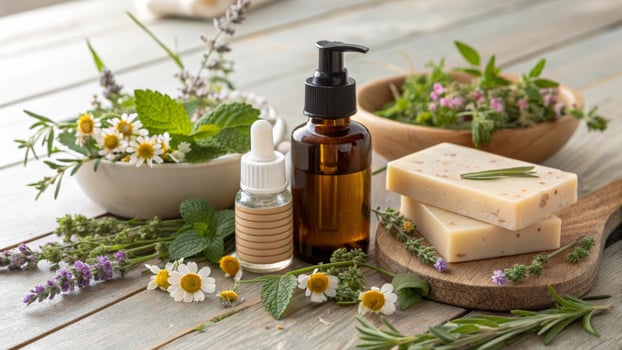 beautifully arranged display of organic skincare products, including essential oils, herbal soaps, and fresh herbs, evokes sense of natural wellness and tranquility photo