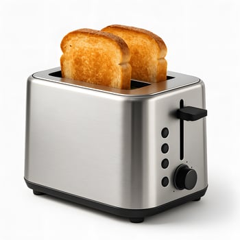 Modern Stainless Steel Toaster with Two Slices of Golden Toasted Bread Isolated on White Background for Kitchen Appliance and Breakfast Concept photo
