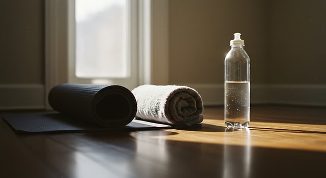 Yoga Mat and Water Bottle Set Up for Workout Near Window photo