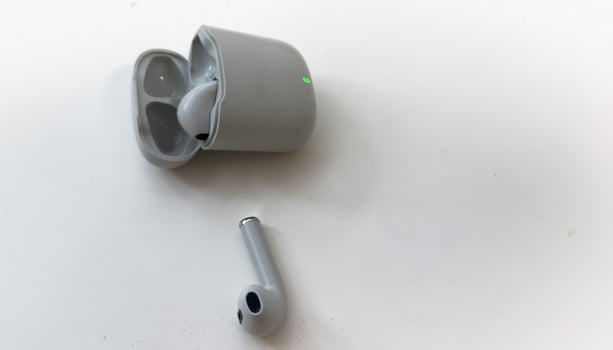 White headphones wireless earphones with case, copy space isolated background. photo