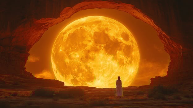 Captivating view of a person gazing at a massive full moon through a natural rock arch in a desert landscape at dusk photo