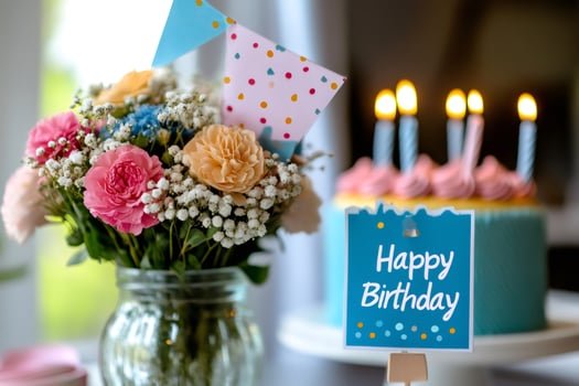 Flowers, cake, and decorations set a cheerful mood for a birthday celebration photo