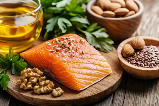 Selection of healthy fat sources including salmon, nuts, seeds and oil promoting heart health photo