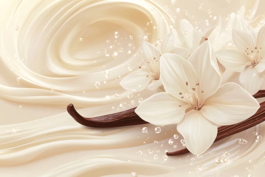 Vanilla pods and flowers swirling in a creamy liquid background photo