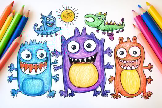 Colorful child's drawing of funny cartoon monsters smiling and playing photo