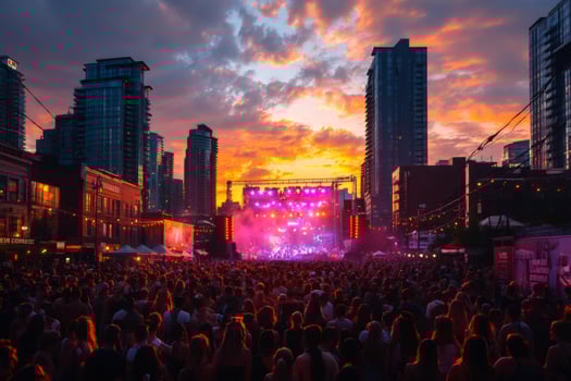 Huge crowd enjoying outdoor music festival at sunset in the city photo