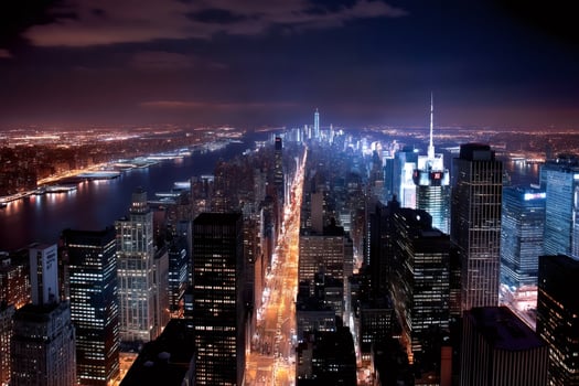 New york city skyline illuminating night with majestic skyscrapers and east river photo
