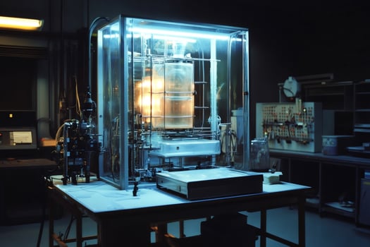 Laboratory equipment performing chemical reaction experiment under neon light photo