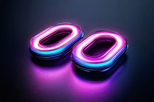 Two glowing purple and blue neon zero digits resting on reflective surface photo