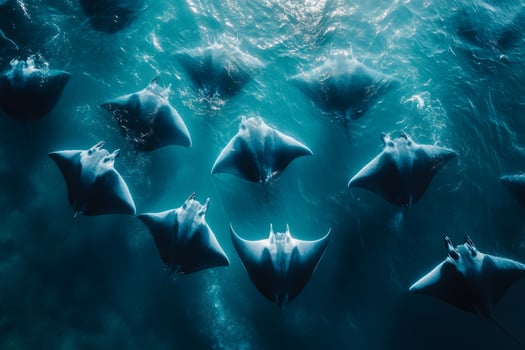 Giant oceanic manta rays swimming in deep blue water photo