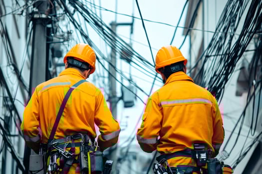 Electricians working on electrical power lines between buildings photo