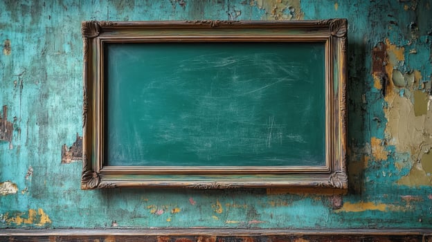 Vintage chalkboard mounted on a weathered turquoise wall with peeling paint in an old classroom setting photo