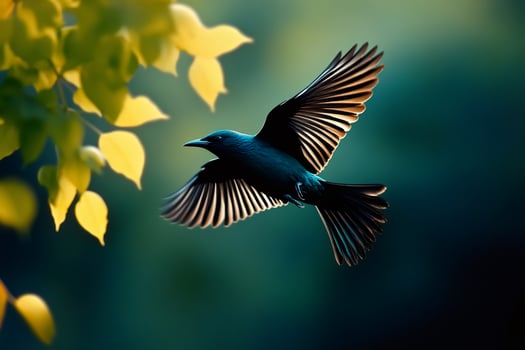 Asian fairy bluebird flying near green and yellow leaves photo