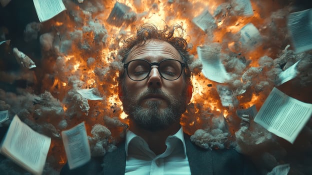 Man with glasses surrounded by flying papers and an explosion in an intense artistic composition photo