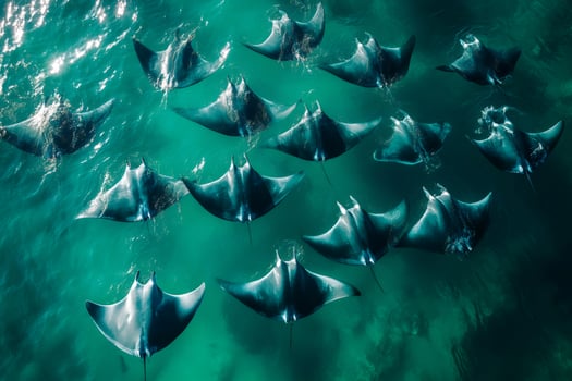 Giant oceanic manta rays swimming in turquoise water photo