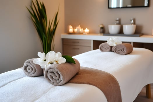Massage table prepared with towels and orchids in modern spa room photo