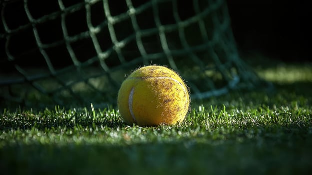 Yellow tennis ball resting on green grass near net in a warm afternoon light during a recreational match photo