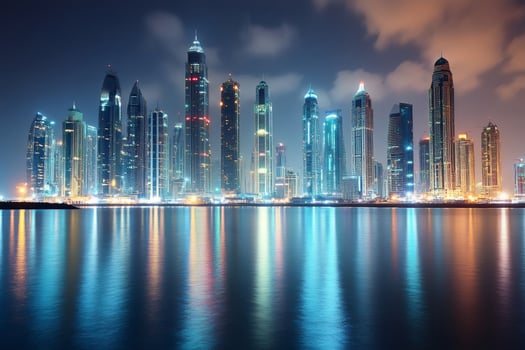 Dubai marina skyline reflecting at night in the water photo