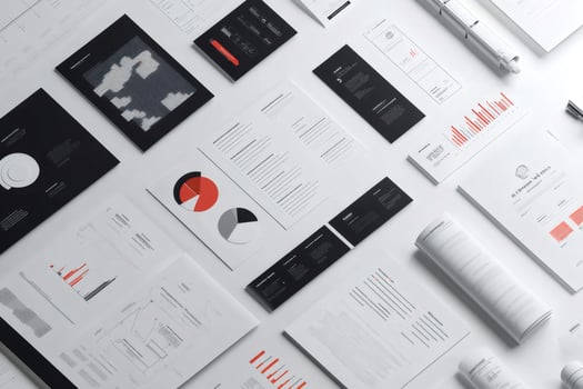 Corporate identity stationery mockup showing documents and charts photo