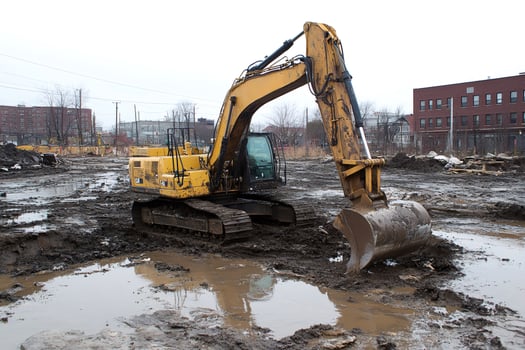 Excavator working in muddy construction site near urban buildings photo