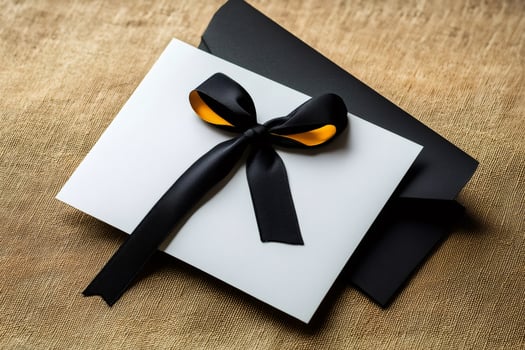 White envelope with black and yellow ribbon resting on burlap background photo